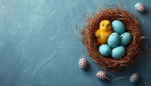 Easter Eggs In Nest With Cute Yellow Chick On White Background, Top View Mockup For Holiday Cards