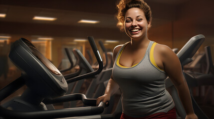 Wall Mural - A fit woman confidently showcases her gym attire and exercise machine as she smiles at the camera, radiating determination and physical strength