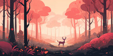 Fantasy Forest Landscape. Cartoon Wild Animal In Woodland, Elk Or Deer In Magical Autumn Forest With Trees And Bushes. Nature Scene Digital Illustration