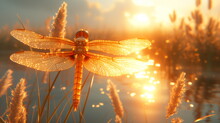 A Dragonfly Basks In The Golden Glow Of Sunset, With Delicate Wings Glistening, Poised Gracefully Above Reflective Waters.