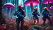 Dramatic video game scene. Futuristic psychedelic forest heroes combat explosions backlights. Generative AI.	