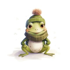 Wall Mural - Watercolor illustration of a cute frog wearing a knitted hat, scarf on a white background.