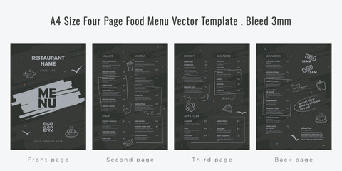 Restaurant cafe menu, template design, A4 size four page food menu template, Bleed 3mm