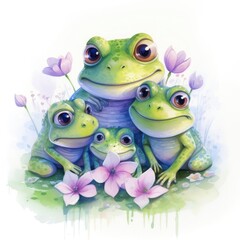 Wall Mural - Watercolor Illustration of a family of frogs on a white background.