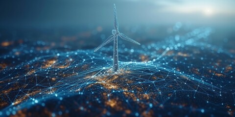 Aufkleber - Digital Wave of Sustainability: A Solitary Wind Turbine Illuminates the Path to Renewable Energy in a Sea of Blue Data, Generative AI
