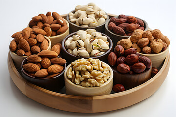 large assortment of different types of nuts in plates for supermarket sale. vegan food. natural vitamins.