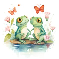 Wall Mural - Watercolor illustration of a pair of frogs in love on a white background.