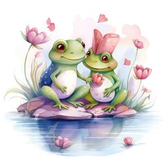 Wall Mural - Watercolor illustration of a pair of frogs in love on a white background.