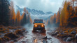 A 4x4 vehicle navigates a muddy trail amidst golden autumn trees, under the majestic snow-capped mountains, embodying the spirit of offroad adventure.