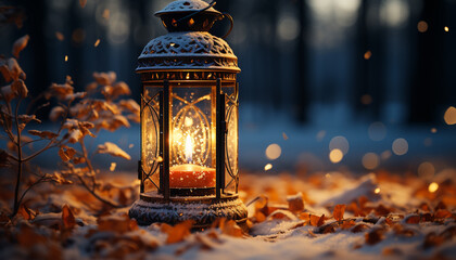 Sticker - Glowing candle illuminates winter night, decorating nature with warmth generated by AI