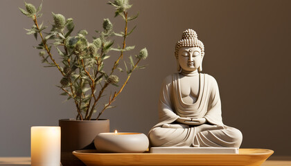 Wall Mural - Meditating Buddha statue brings tranquility and harmony indoors generated by AI