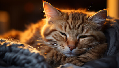 Poster - Cute kitten sleeping, fluffy fur, staring at camera, comfortable indoors generated by AI