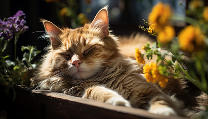 Wall Mural - Cute kitten sleeping in the grass, surrounded by summer flowers generated by AI