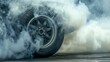Car burnout wheels tire with white smoke, Blurred image diffusion race drift car with lots of smoke from burning tires on speed track. Generative Ai