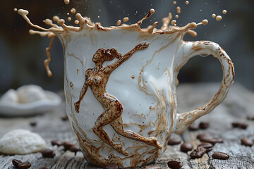 Porcelain mug with ballerina and splashes of coffee, invigorating drink concept