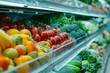 refrigerated shelf in supermarket with Fruits and vegetables