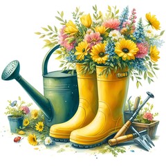 Wall Mural - Yellow rubber boots and bouquet of flowers in a watering can, spring concept, watercolor illustration