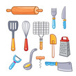 Set of kitchen tools. Ladle, spatula, rolling pin, whisk, knife, grater, grill grate, vegetable peeler. Kitchen utensils