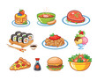 Set of food icons. Dinner. Cartoon pasta bolognese