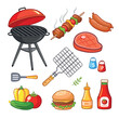 Cartoon bbq elements. BBQ party set with barbecue tools, burning grill, picnic food, roasted beef steak, hamburger, kebab, sausage, vegetable.