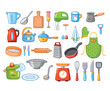 Kitchenware set. Kitchen utensils, tools, equipment and cutlery for cooking. Cartoon vector illustrations of cookware objects isolated