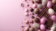 A variety of different types of choco candies for easter are neatly arranged on a pink table with copy space.
