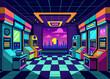 A retro-style arcade filled with classic gaming cabinets and neon lights. vektor illustation