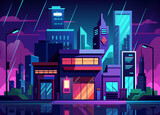 Fototapeta Nowy Jork - A cyberpunk cityscape at night with rain-soaked streets and neon signs. vektor illustation