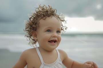 Portrait of a cute little girl with curly hair on the beach