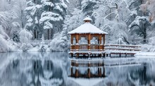 Beautiful White Wooden Gazebo In A Winter Park Against The Backdrop Of Snowy Trees. Park Within The City
