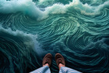 Fototapeta  - A person's feet in brown shoes at the edge of a swirling vortex of water, creating an impression of standing on the brink of a dynamic ocean whirlpool.Background concept. AI generated.