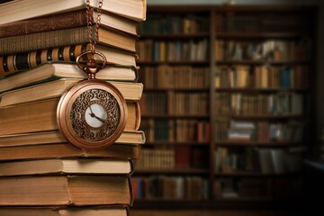 Wall Mural - Old clock on a chain on old books in library