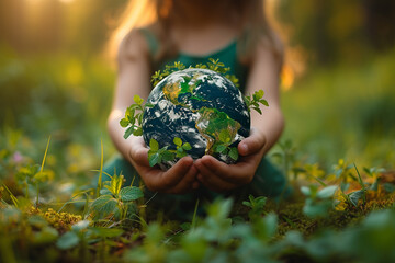 Girl holding planet earth over defocused nature background with copy space