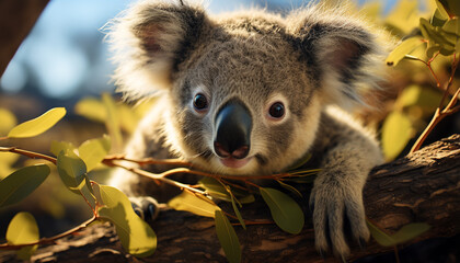 Canvas Print - Cute koala sitting on branch, looking at camera in nature generated by AI