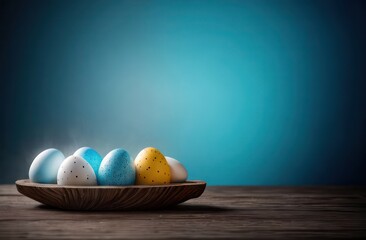 On the wooden table on the left on a plate there are multi-colored Easter eggs until Easter day in a minimalist style. Concept for copy, advertising, Easter