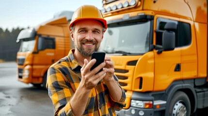 Wall Mural - Happy truck driver talking on his cell phone and looking at the camera.