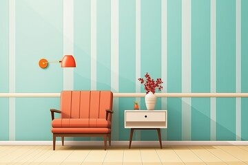 scandinavian retro interior design in bright vintage colors in flat style