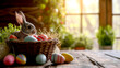 Easter colorful eggs in a wicker basket and a bunny on a wooden table