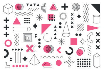 Wall Mural -  pink and black memphis background, set of geometric, memphis, bauhaus shapes. Modern vector abstract design with memphis elements