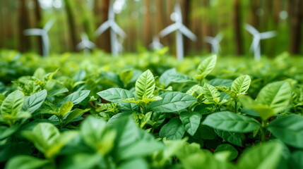 Young plants growing in a field with wind turbines in the background, representing renewable energy and agriculture