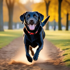 Happy Purebred black color Labrador Retriever Moving Toward The Camera Wrinkled Face Close Up. Flying dog. Generative AI