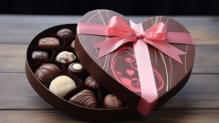 Wall Mural - Heart-shaped box with chocolates and a pink bow on a wooden top. Gifts as a day symbol of present and love.