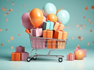 Wall Mural - A shopping cart, full of gifts and balloons. Gifts as a day symbol of present and love.