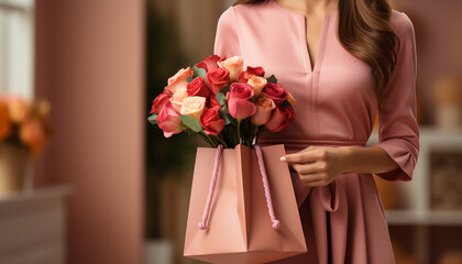 Canvas Print - Young woman holding a bouquet of fresh tulips in a store generated by AI