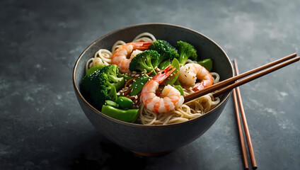 Wall Mural - Asian Noodle Bowl with Shrimp, Broccoli, and Snow Peas, Hands Holding Chopsticks, Copy Space.