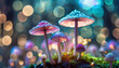 Closeup macro shot of colorful mushrooms, magical fairy tale forest