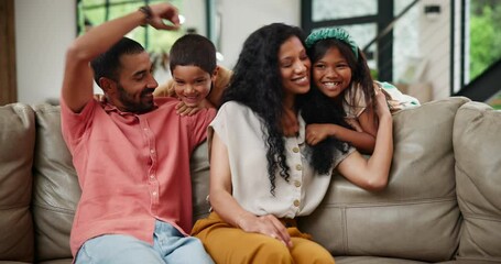 Poster - Happy family, parents and playful children on sofa together for bonding, fun and hug in home to relax. Mom, dad and kids playing on couch with love, trust or support with quality time in living room