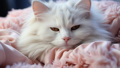 Canvas Print - Cute kitten sleeping on a pillow, staring at the camera generated by AI