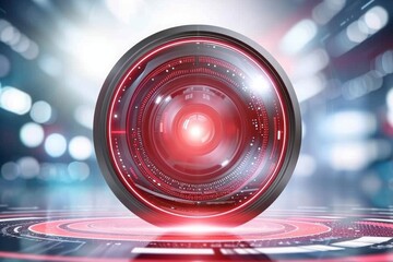 Poster - Vision of the Future: A High-Tech Holographic Lens Emitting Red Light, Symbolizing Cutting-Edge Optical Technology and Surveillance, Generative AI