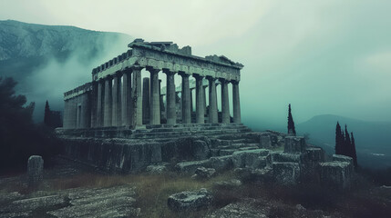  Ancient temple in misty evening in Greece, dramatic view of classical Greek ruins, mountain and fog, landscape with old building in mist. Theme of antique, past civilization, overcast